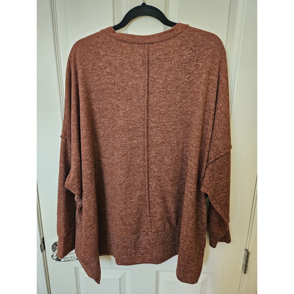 Zenana Maroon Soft Drop Shoulder Pullover Sweater V-Neck Front Pocket, Plus 3X - Picture 3 of 5